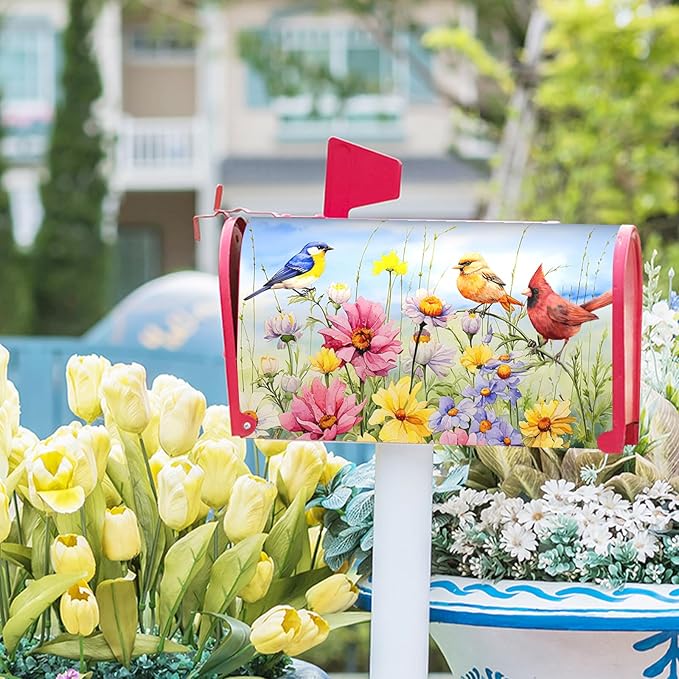 Hummingbird Bird Mailbox Covers Magnetic Standard Size 21’’x18’’ Spring Blooming Flowers and Birds Decorative Waterproof Mailboxes Wraps Letter Post Box Cover for Home Outdoor Garden Yard