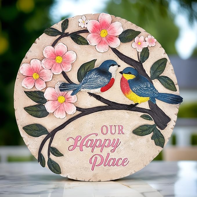 Elegant Resin Stepping Stone, Outdoor Garden Pathway Decoration (Blossoming Songbirds Positivity Stepping Stone, 9.5" Happiness Garden Decoration and Support Gift)
