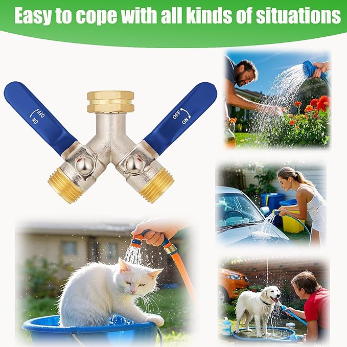 EJW Hose Splitter 2 Way, High Flow Garden Hose Splitters Full Flow Hose Splitter, Heavy Duty Brass Water Hose Splitters, Faucet Splitter, Valve 3/4 Inch GHT Thread.
