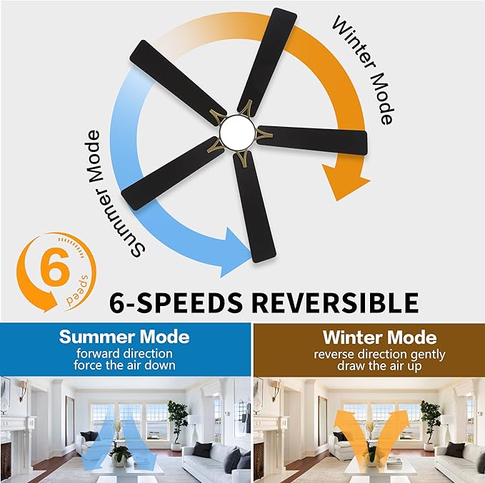 WINGBO 48" DC Flush Mount Ceiling Fan with Lights, 5 Plywood Blades, 6-Speed Reversible DC Motor, 3CCT, Low Profile Hugger Ceiling Fan for Living Room Bedroom Kitchen, Black and Brass
