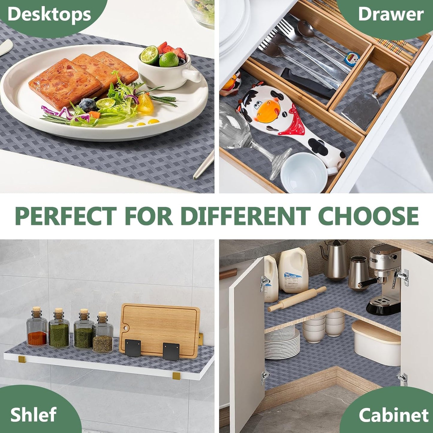 Shelf Liners, Non-Adhesive Drawer Liner, Waterproof & Oil-Proof Kitchen Cabinet Cupboard Liner Plastic EVA Material BPA Free Fridge Liner Mats Paper Protector for Shelves (Grey/16in x 240in)