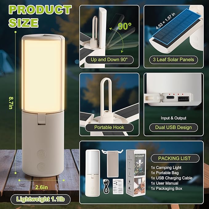 Solar Camping Lantern 8000mAhâRechargeable,Foldable Camping Light,Stepless Dimming,Flashlight & SOS Modes,USB Charging,Waterproof & Portable Handle,Ideal for Camping,Emergency,Travel,Outdoor,Home Use