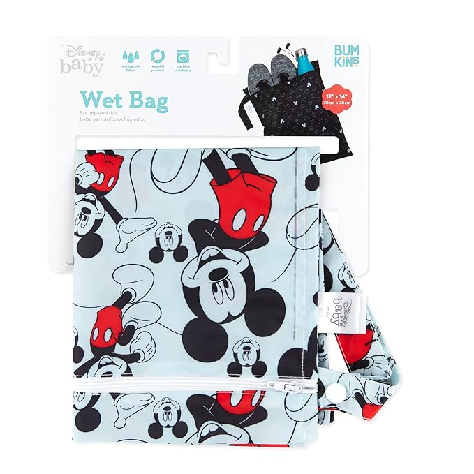 Bumkins Disney Waterproof Wet Bag for Baby, Travel, Swim Suit, Cloth Diapers, Pump Parts, Pool, Gym Clothes, Toiletry, Strap to Stroller, Daycare, Zipper Reusable Bag, Packing Pouch, Mickey Mouse
