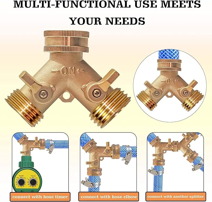 Xiny Tool Brass Garden Hose Splitter (2 Way), Solid Brass Hose Y Splitter 2 Valves with 2 Extra Rubber Washers (4)