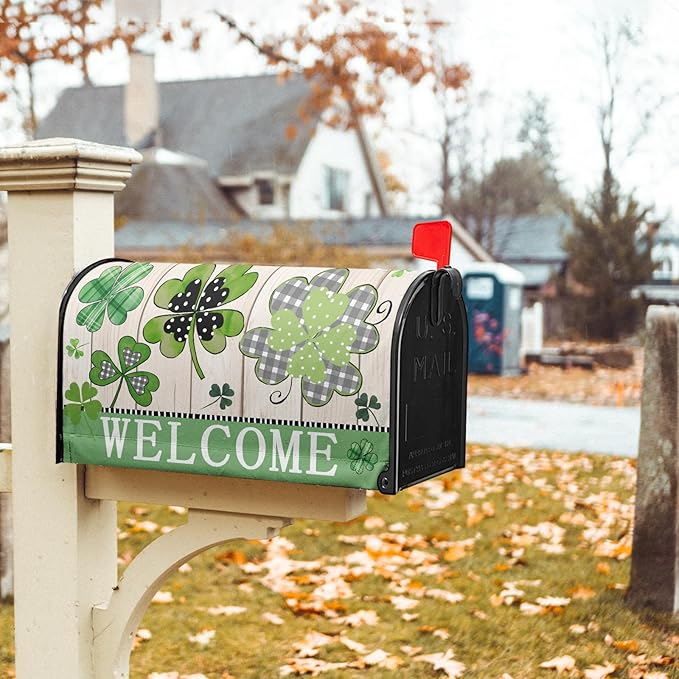 Welcome St Patrick's Day Holiday Magnetic Mailbox Covers Large Size 25.5x21in Lucky Shamrocks Clover Mail Box Wraps Green Leaves Wooden Decorative Letter Post Box Cover for Home Garden Outside
