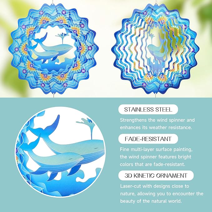 Whale Wind Spinners Garden Yard Decor Gift for Women Men, 12 Inch Outdoor Metal 3D Wind Spinner, Stainless Steel Hanging Wind Catchers Kinetic Sculpture for Outside Decoration