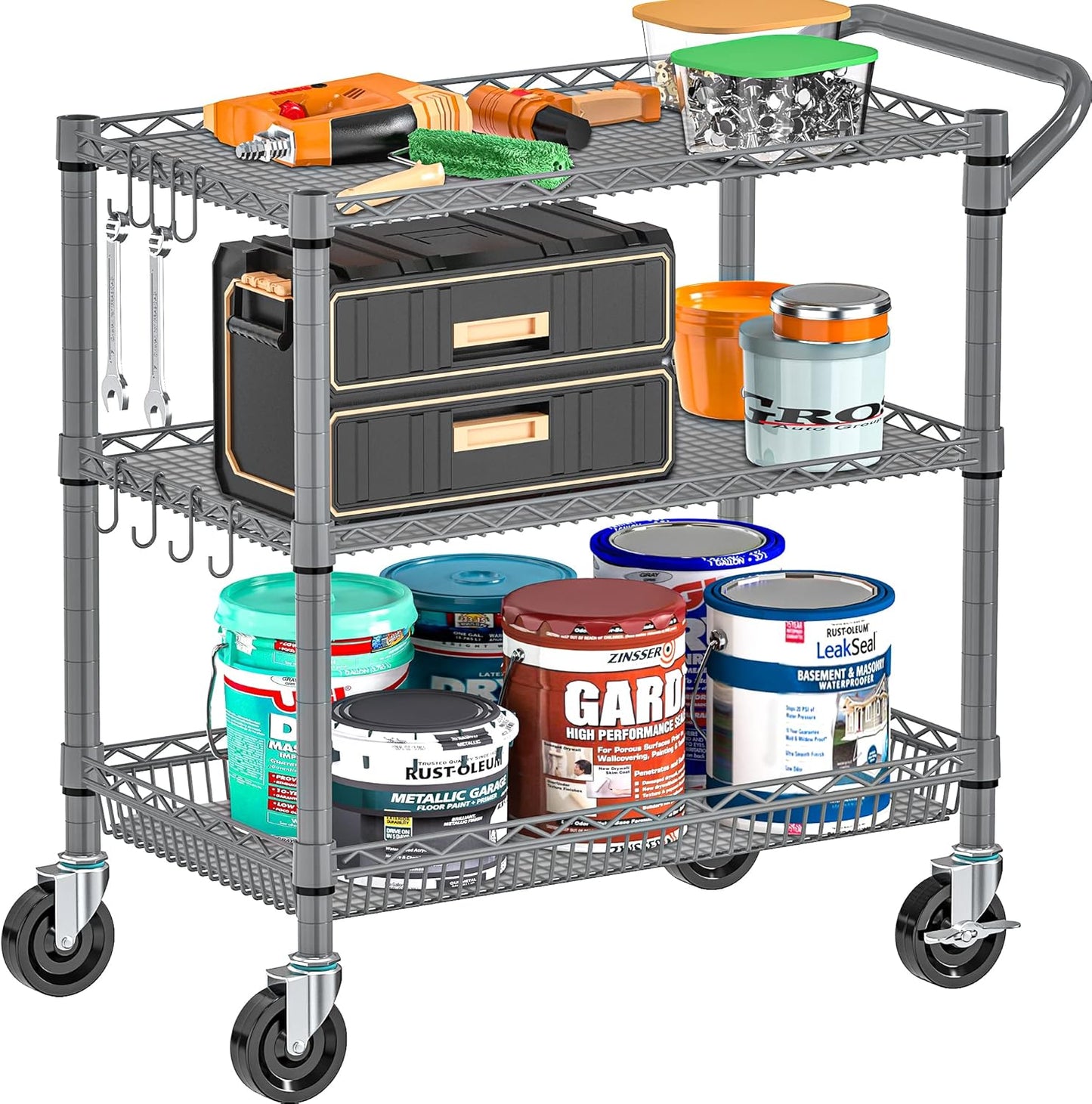 Metal Heavy Duty Carts with Wheels 1050lbs, 3 Tier Rolling Utility Cart with Storage, Steel Wire Carts with Handle Bar&Shelf Liner, Commercial Grade Trolley for Kitchen, Grocery