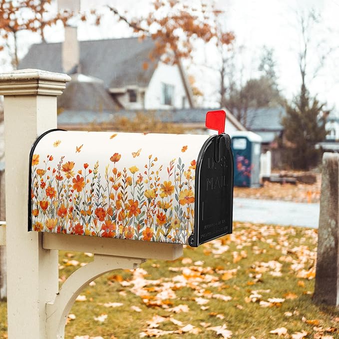 Watercolor Orange Flower Mailbox Covers Magnetic Large Size 25.5x21 Inch Fall Autumn Orange Daisy Floral Post Cover Watercolor Wildflowers Letter Box Wrap for Home Garden Yard Outside