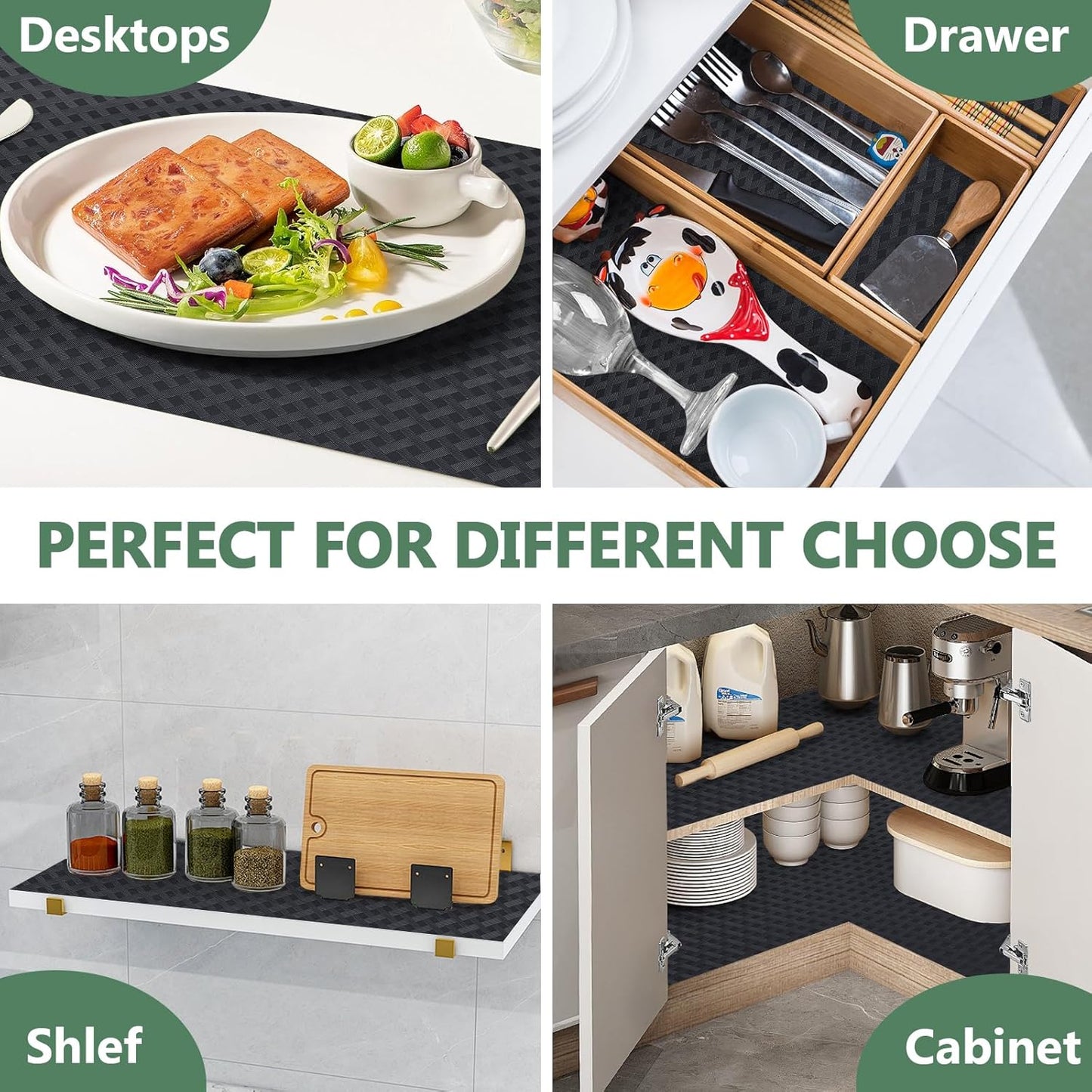 Shelf Liners, Non-Adhesive Drawer Liner, Waterproof & Oil-Proof Kitchen Cabinet Cupboard Liner Plastic EVA Material BPA Free Fridge Liner Mats Paper Protector for Shelves (Black/20in x 240in)