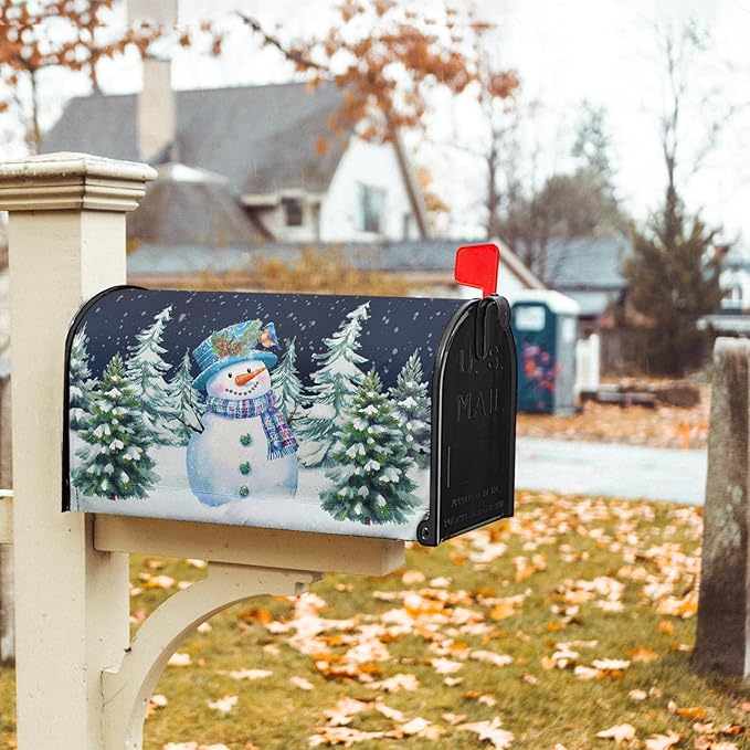 Winter Snowman Magnetic Mailbox Covers Standard Size 21''x18'' Christma Snowy Pine Trees Forest Decorative Post Letter Box Cover Xmas Holiday Letterbox Wrap for Home Outdoor Garden
