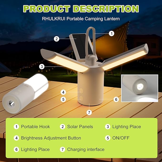 Solar Camping Lantern 8000mAhâRechargeable,Foldable Camping Light,Stepless Dimming,Flashlight & SOS Modes,USB Charging,Waterproof & Portable Handle,Ideal for Camping,Emergency,Travel,Outdoor,Home Use