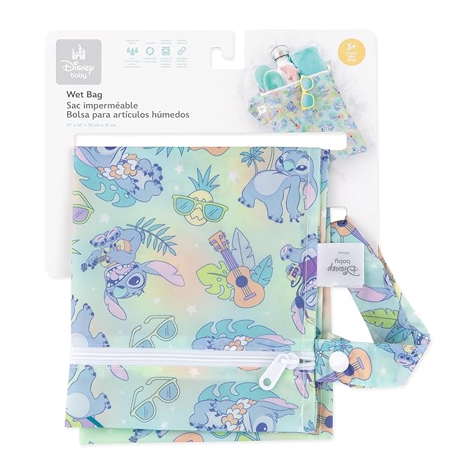 Bumkins Disney Waterproof Wet Bag for Baby, Travel, Swim Suit, Cloth Diapers, Pump Parts, Pool, Beach, Gym Clothes, Toiletry, Hook to Stroller, Daycare, Zipper Reusable Wetdry Packing Pouch, Stitch