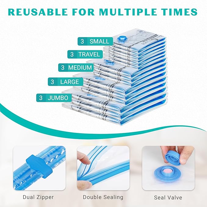 Vacuum Seal Bags for Clothing Travel, 15 Combo - Vacuum Storage Bags, Compression Bags for Travel, Blankets Luggage Clothes - Hand Pump Included(3 Jumbo, 3 Large, 3 Medium, 3 Small, 3 Roll Up Bags)