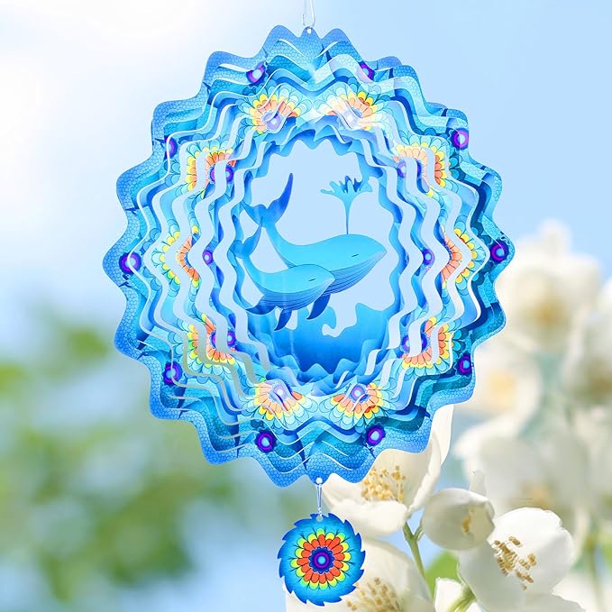 Whale Wind Spinners Garden Yard Decor Gift for Women Men, 12 Inch Outdoor Metal 3D Wind Spinner, Stainless Steel Hanging Wind Catchers Kinetic Sculpture for Outside Decoration