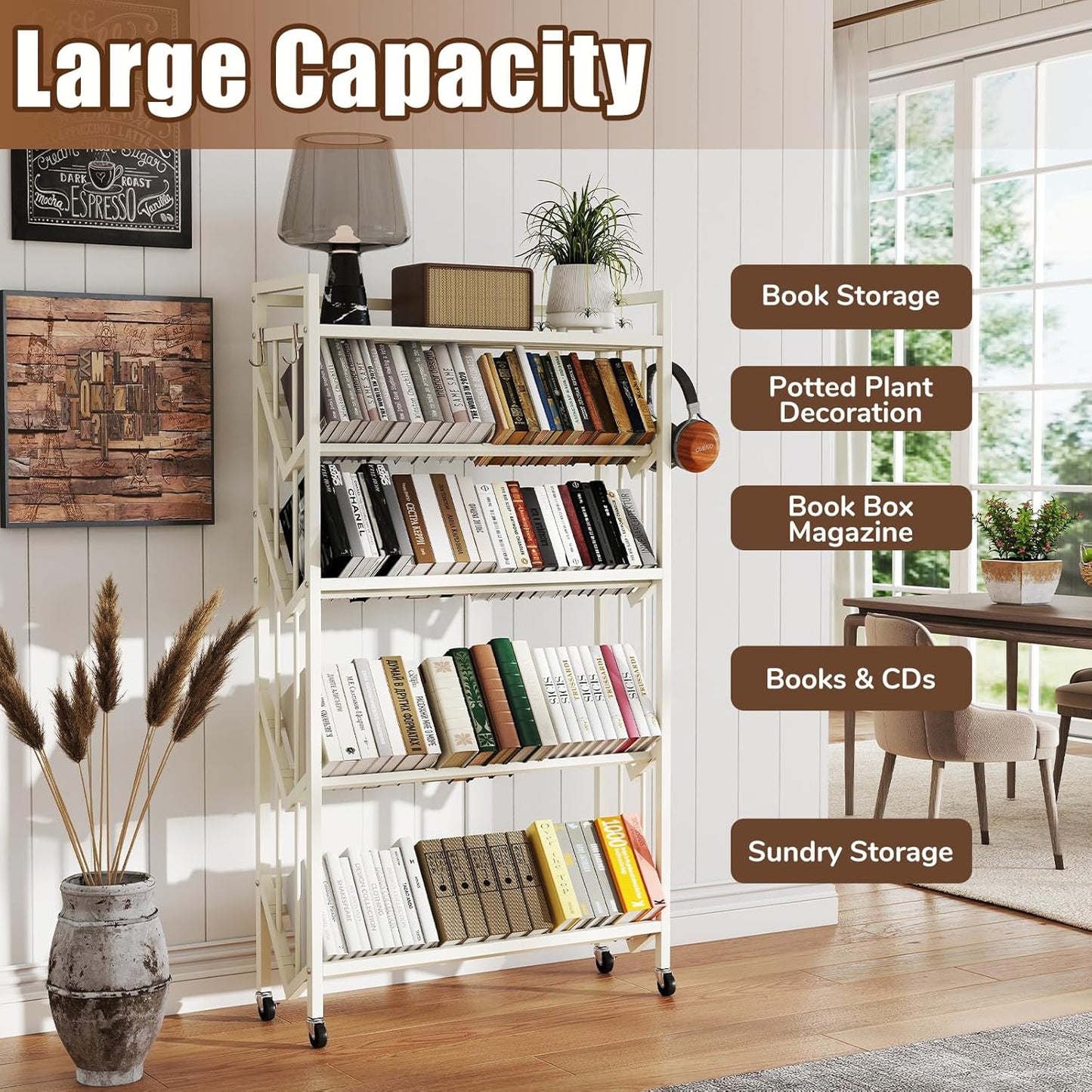 Book Carts 5 Tier 57.7x35.4x9.84 in Rolling Book Cart Large Capacity Bookshelf Storage Rack Mobile Book Storage with Wheels Cart for Home Office Living Room Classroom (5 Tier White)