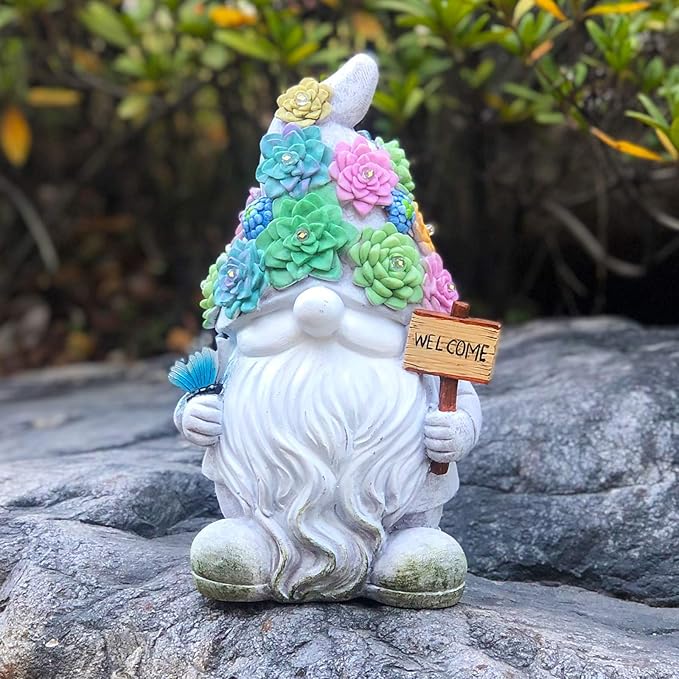 BAYN Gnome Garden Statues Outdoor Decor, Solar Gnome Figurines Lights for Garden Decoration Yard Art Gifts with 10 Warm White LEDs
