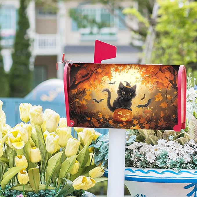 Halloween Cat Magnetic Mailbox Covers Spooky Kitten Pumpkin Waterproof Letter Box Cover Standard Size Fall Maple Leaf Forest Bat Decorative Holiday Post Wraps for Home Garden Yard Outdoor 21x18 Inch