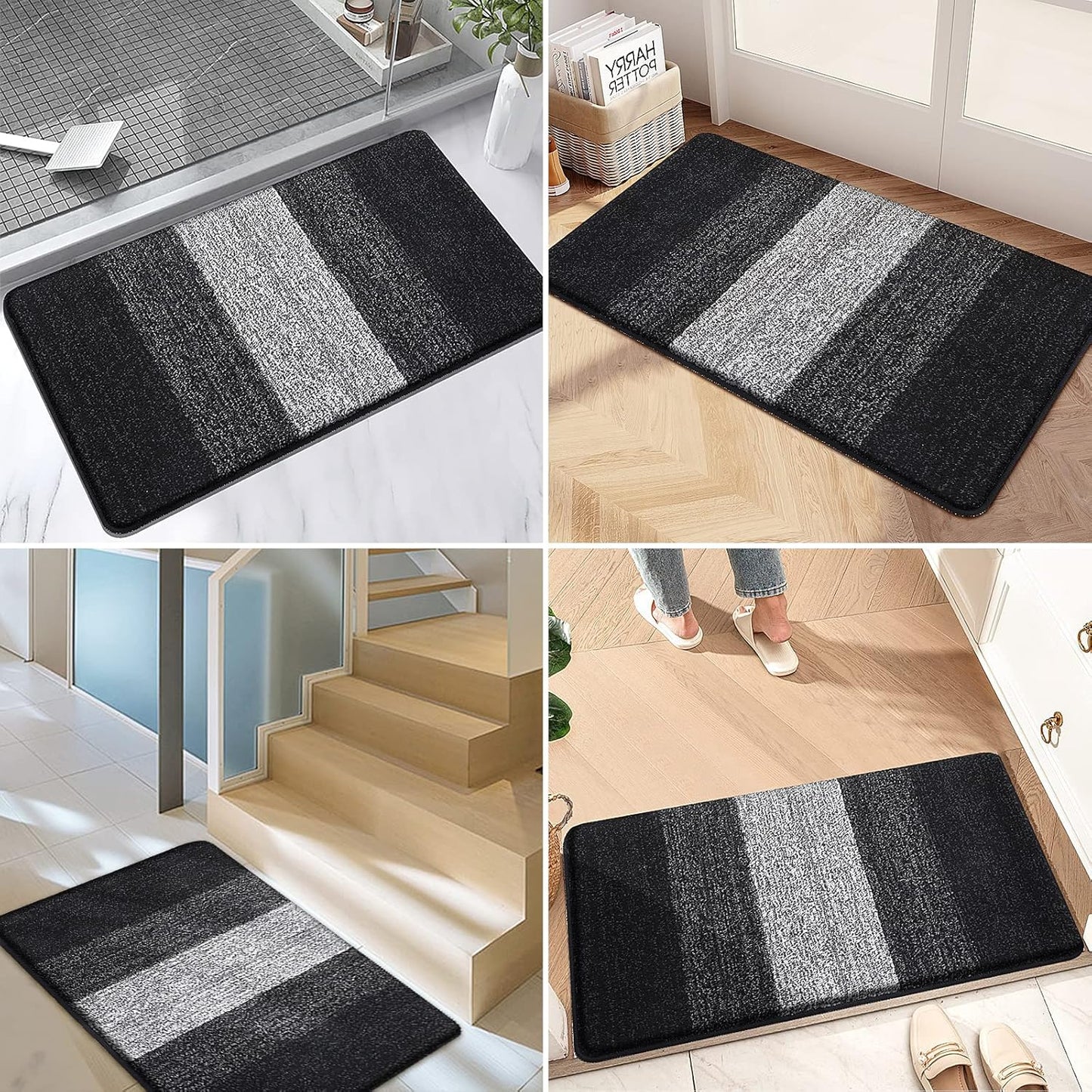 Kitinjoy Indoor Outdoor Door Mat, 71x47 Non-Slip Absorbent Dirt Trapper, Low-Profile Washable Inside Entrance Front Floor Mat, Sturdy Soft Entry Doormats for Entryway, Black