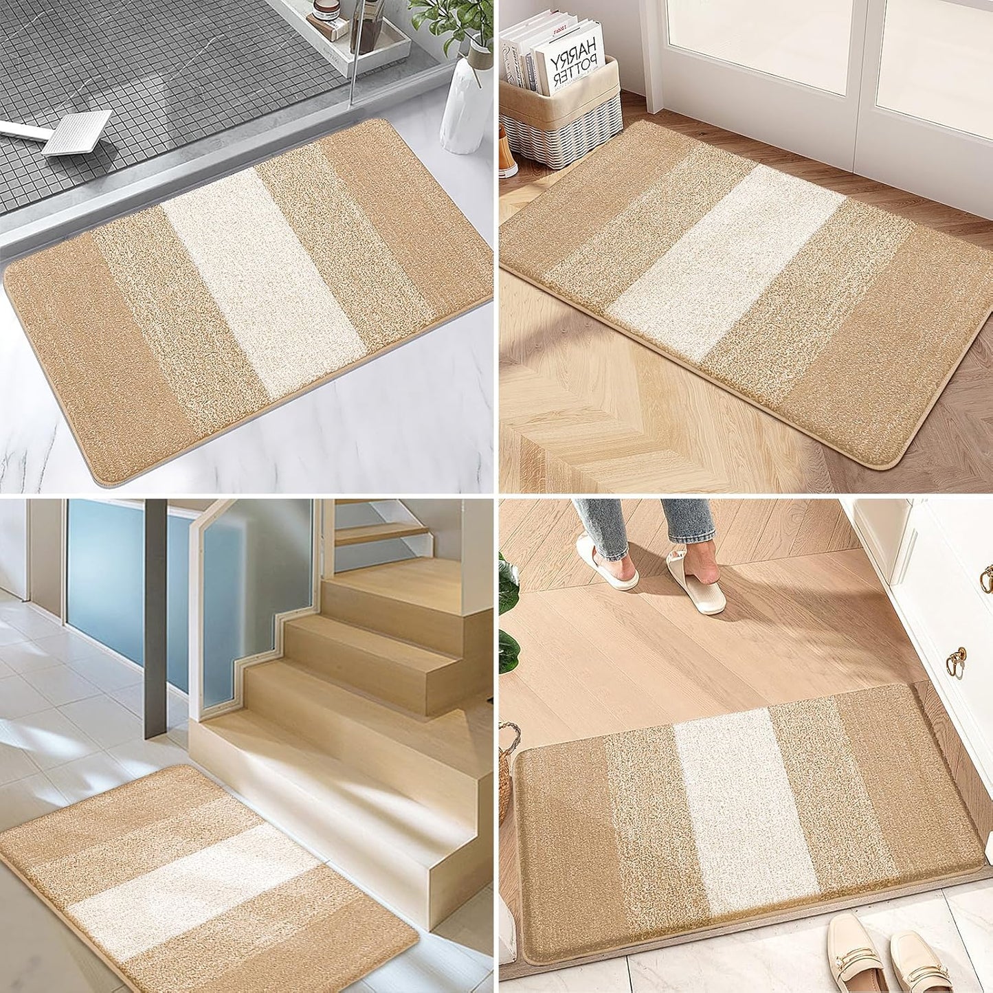 Kitinjoy Indoor Outdoor Door Mat, 59x36 Non-Slip Absorbent Dirt Trapper, Low-Profile Washable Inside Entrance Front Floor Mat, Sturdy Soft Entry Doormats for Entryway, Beige