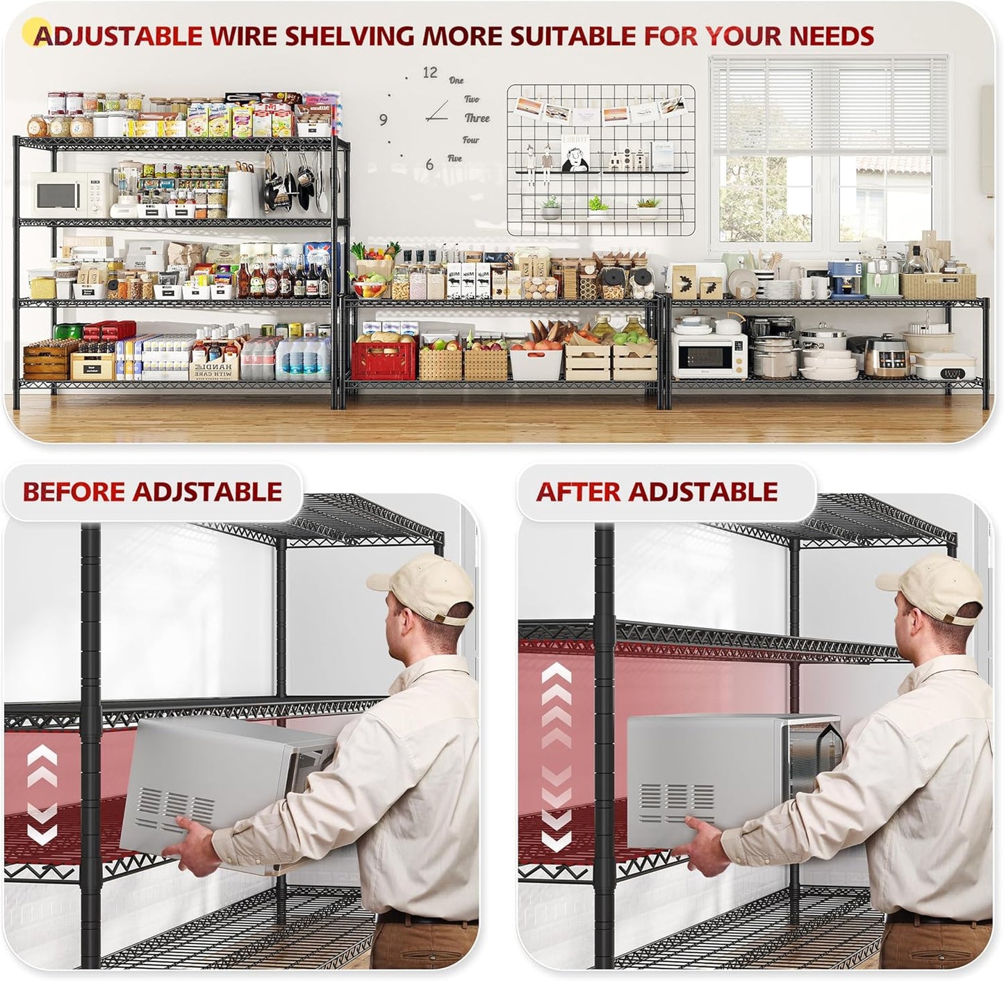 REIBII 55.5''W Storage Shelves 2500LBS Wire Shelving Unit with Wheels Heavy Duty Metal Shelves for Storage Adjustable Garage Storage Rack Pantry Shelf Kitchen Shelving, 75.6" H X 55.5''W X 24" D, 3PCS