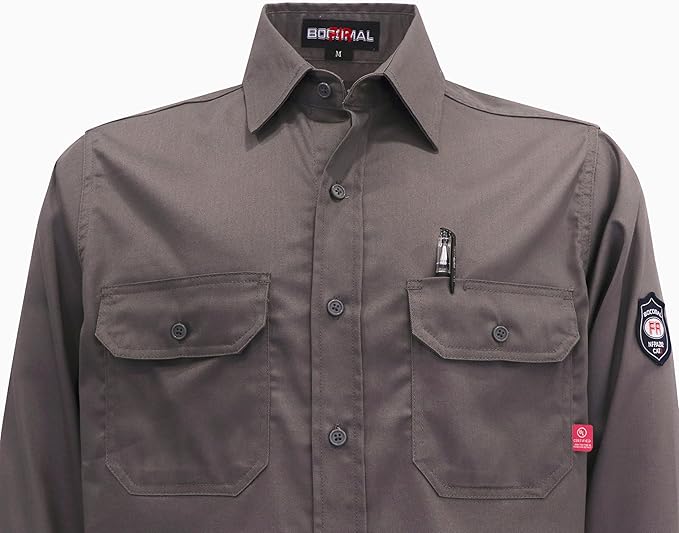 BOCOMAL FR Shirts Flame Resistant 100% C NFPA2112 7.5oz Men's Fire Retardant Welding Shirt