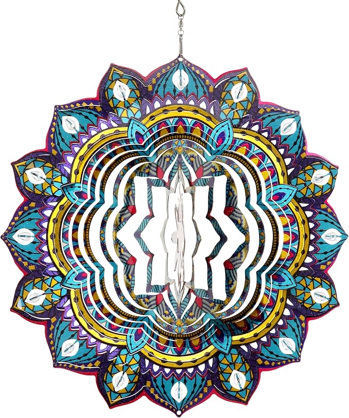Exhart Wind Spinner, Starburst Mandala Wind Sculpture, 3D Laser Cut Patterns with Bead Details, Metal Outdoor Garden Decoration, Multicolor Lawn and Yard Art, 12 Inch