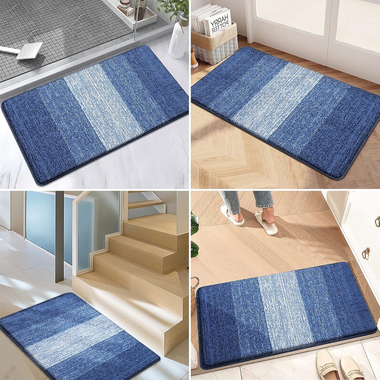Kitinjoy Indoor Outdoor Door Mat, 59x20 Non-Slip Absorbent Dirt Trapper, Low-Profile Washable Inside Entrance Front Floor Mat, Sturdy Soft Entry Doormats for Entryway, Navy Blue