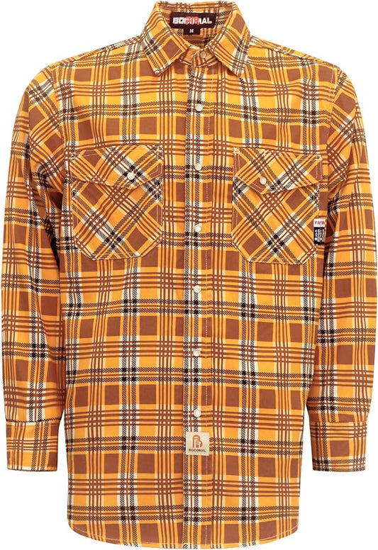 BOCOMAL FR Shirts for Men Printed Plaid Flame Resistant NFPA2112/CAT2 6.5oz Lightweight Fire Retardant Shirt