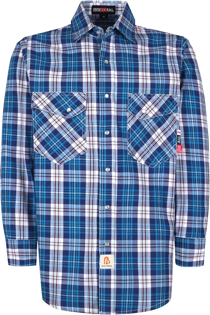 BOCOMAL FR Shirts Flame Resistant 100% C NFPA2112 7.5oz Men's Fire Retardant Welding Shirt