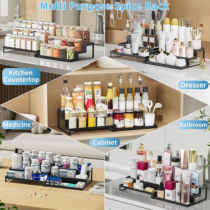 Spice Rack Organizer for Cabinet, Expandable 3 - Tiered Spice Rack, Metal Spice Organizer, Spice Shelf Organizer for Cabinet, Countertop, Pantry, Cupboard, Black