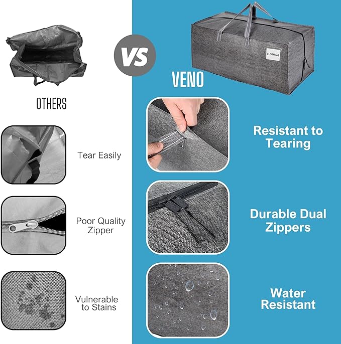 VENO 4 Pack Moving Bags w/Backpack Straps, Heavy Duty, Moving Boxes Alternative, Packing Supplies, Large Storage Totes for Dorm Room Essentials with Zipper for Clothes (Gray, 4 Pack)
