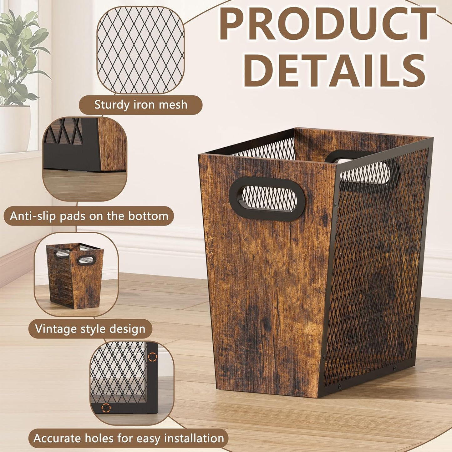 Piskyet Rustic Office Trash Can for Near Desk,7 Gallon Unique Wood Bedroom Garbage Can,Vintage Wastebasket with Handle, Decorative Trash Can for Home Office,12.2" L x 9.6" W x 14.9" H,Rustic Brown