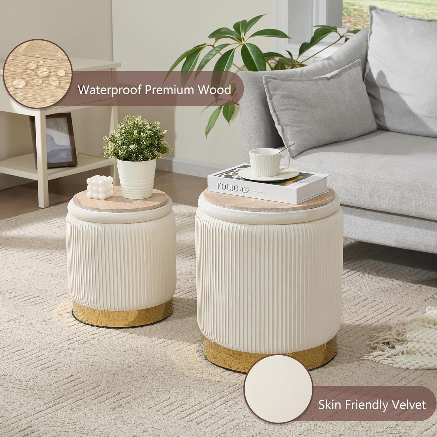 Royal Windsor Round Ottoman with Storage Set of 2, Vanity Stool with Storage for Bedroom, Ottoman Coffee Table Gold-Tone Ring Around The Base, Small Velvet Foot Stool for Living Room, Beige