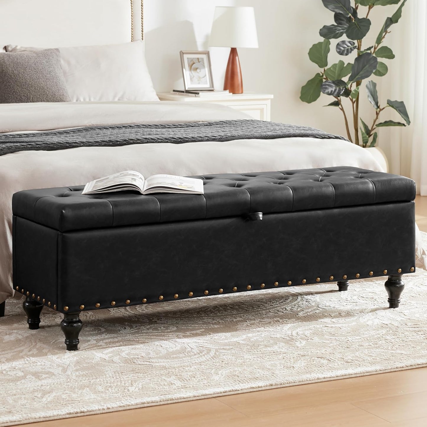 50" Storage Ottoman Bench, Tufted Ottoman with Storage for Living Room, Large End of Bed Ottomans, Modern Entryway Benchs, Window & Bedroom Benches for Foot of Bed (Black)