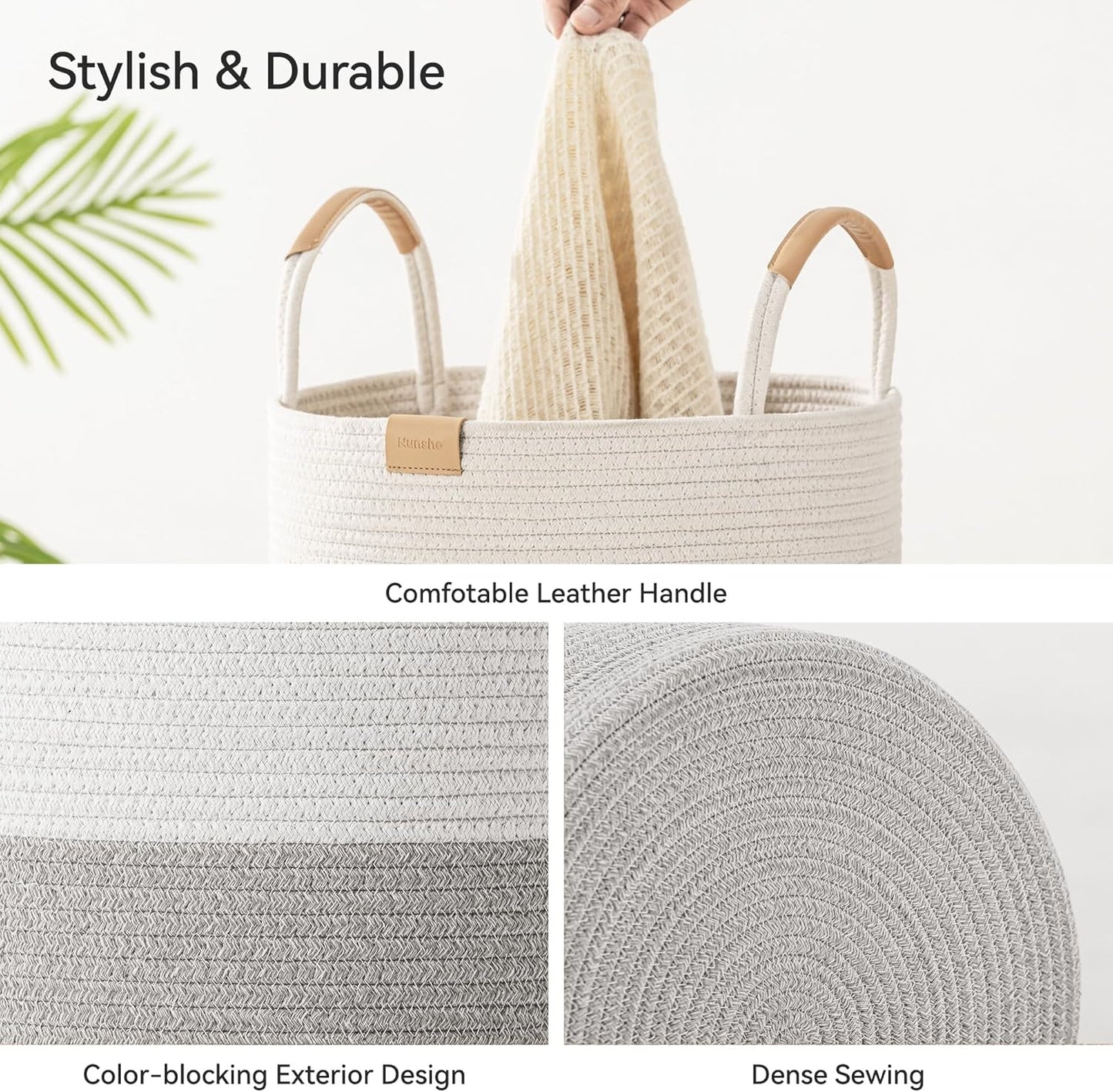 62L Striped Laundry Hamper with Leather Handles,Large Foldable Laundry Basket for Clothes,Cotton Rope Storage Bin for Blankets,Woven Clothes Basket for Bedroom,Gray Stripes