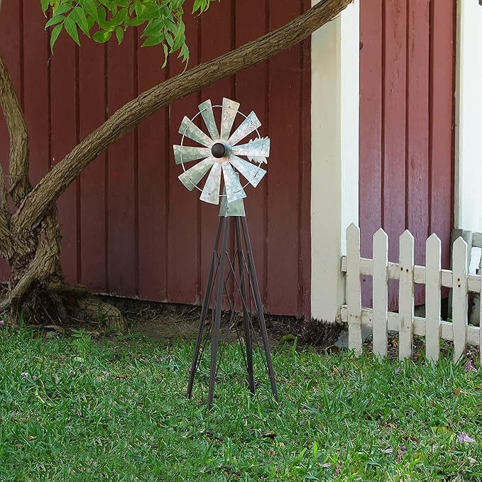 Alpine Corporation JUM368 Outdoor Metal Windmill Spinner Garden Yard Decoration, 24 Inches Tall, Bronze and Silver