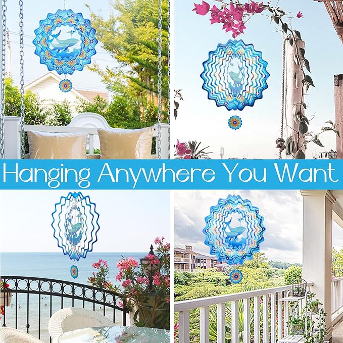 Whale Wind Spinners Garden Yard Decor Gift for Women Men, 12 Inch Outdoor Metal 3D Wind Spinner, Stainless Steel Hanging Wind Catchers Kinetic Sculpture for Outside Decoration