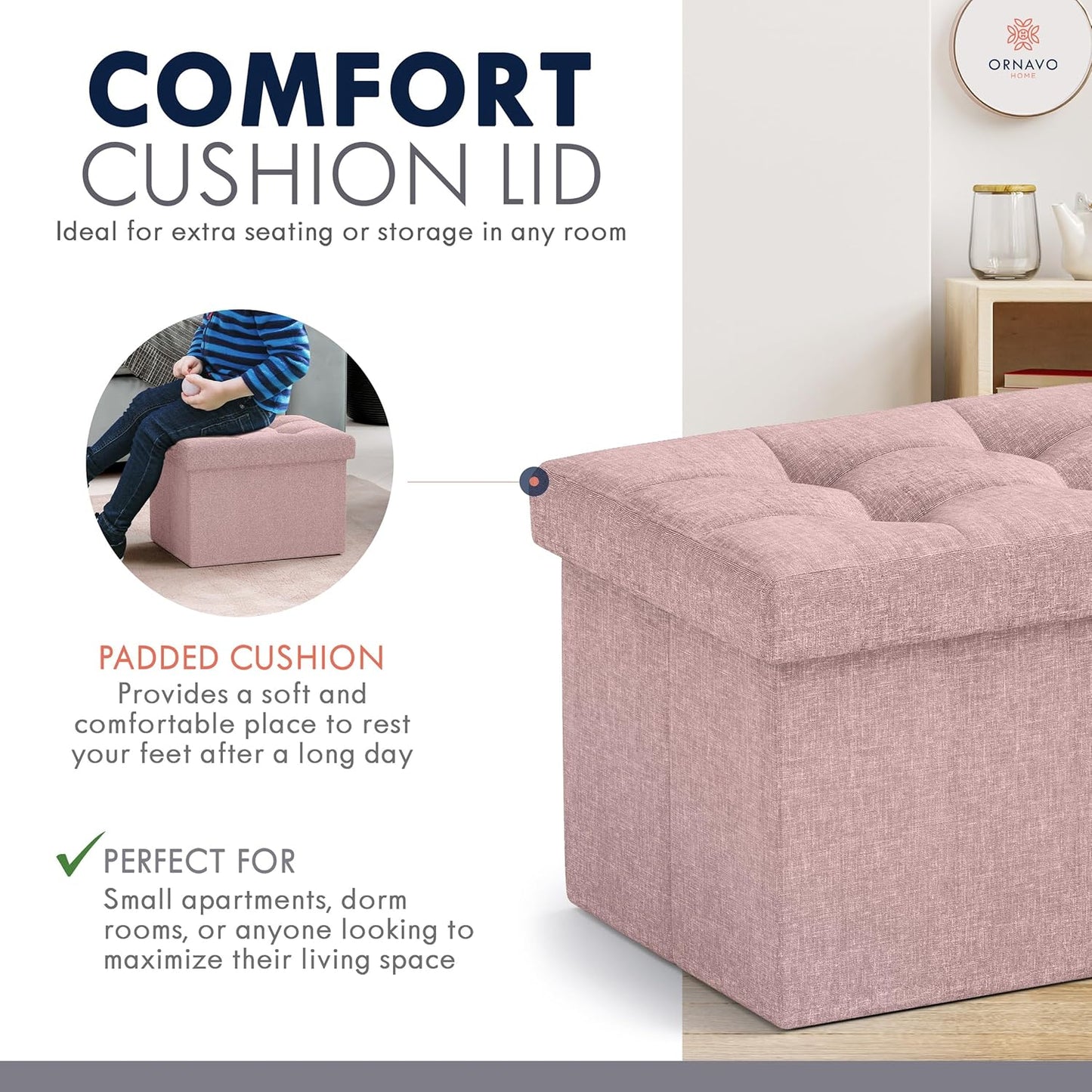 Ornavo Home Small Storage Ottoman Foldable Collapsible Rectangle Linen Ottoman Foot Rest Stool Seat, for Living Room, Bedroom, Home Office, Dorm - 12 x 16 x 12, Pink