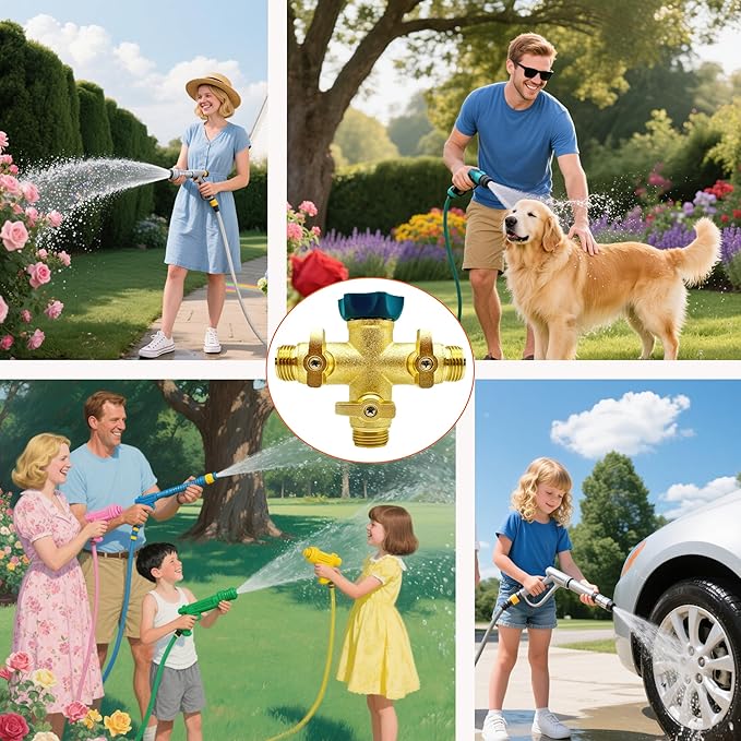 Brass High Flow 3 Way Hose Splitter Valve with Metal Handle, Heavy Duty High Flow Spigot Splitter with Shut off Valve, 3/4 Inch Garden Tap Splitter,6 Extra Rubber Hose Washers Included