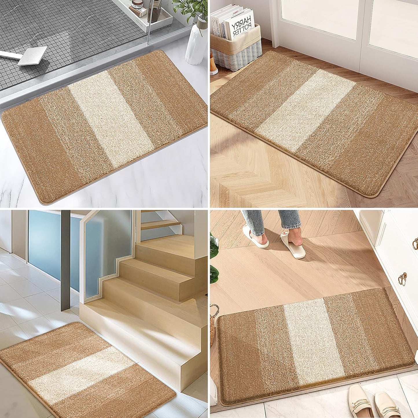 Kitinjoy Indoor Outdoor Door Mat, 59x36 Non-Slip Absorbent Dirt Trapper, Low-Profile Washable Inside Entrance Front Floor Mat, Sturdy Soft Entry Doormats for Entryway, Camel