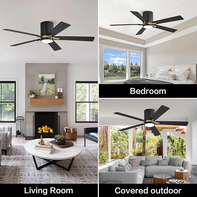 WINGBO 48" DC Flush Mount Ceiling Fan with Lights, 5 Plywood Blades, 6-Speed Reversible DC Motor, 3CCT, Low Profile Hugger Ceiling Fan for Living Room Bedroom Kitchen, Black and Brass