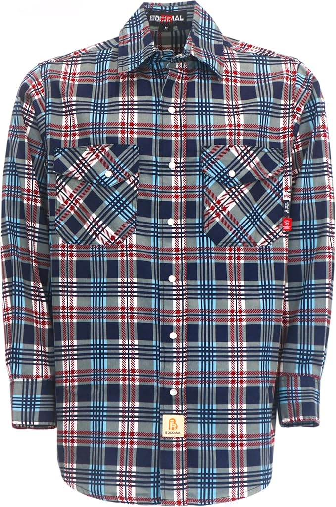 BOCOMAL FR Shirts for Men Printed Plaid Flame Resistant NFPA2112/CAT2 6.5oz Lightweight Fire Retardant Shirt