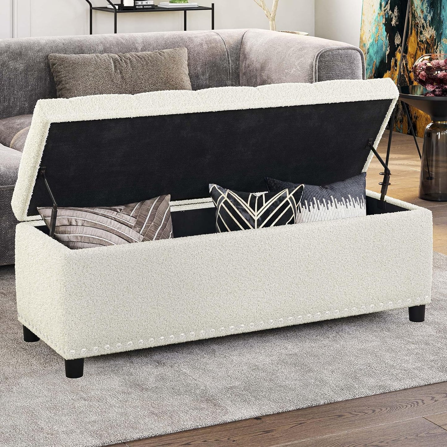 BELLEZE 47" Storage Ottoman, Storage Bench with Safety Close Hinge, Linen Button-Tufted Ottoman for Living Room, Entryway, Hallway, Foot Rest, Support 300lbs - White