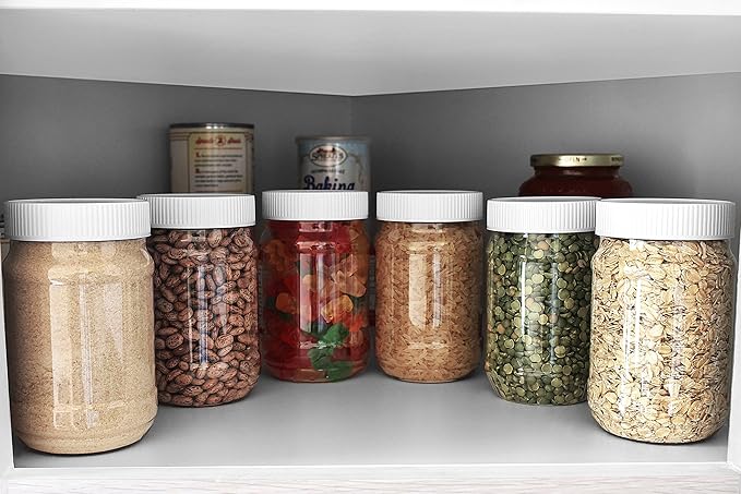 Pinnacle Mercantile Plastic Jars with Screw on Lined Lids 90 Pack 32 ounce Wide Mouth Food Storage Containers