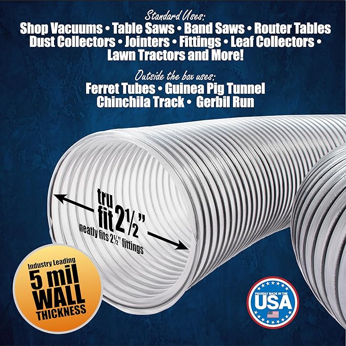 PVC Dust Collection Hose w/4 Thumbscrew Clamps, Puncture Resistant, Carbon Steel Wire, Clear Flexible PVC Dust Collector Hose, Proudly Made in USA (2 1/2" x 20')