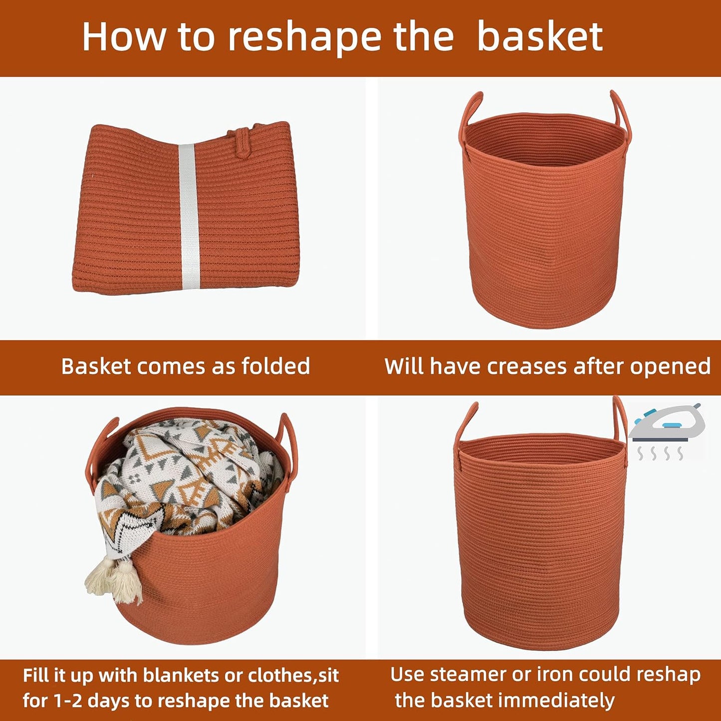 Cotton Rope Laundry Basket Hamper for Clothes Woven Storage Basket for Living Room Bedroom Boho Tall Rope Baskets for Blanket Toys Pillow Towels Baby Nursery Hamper Bin Large rust red