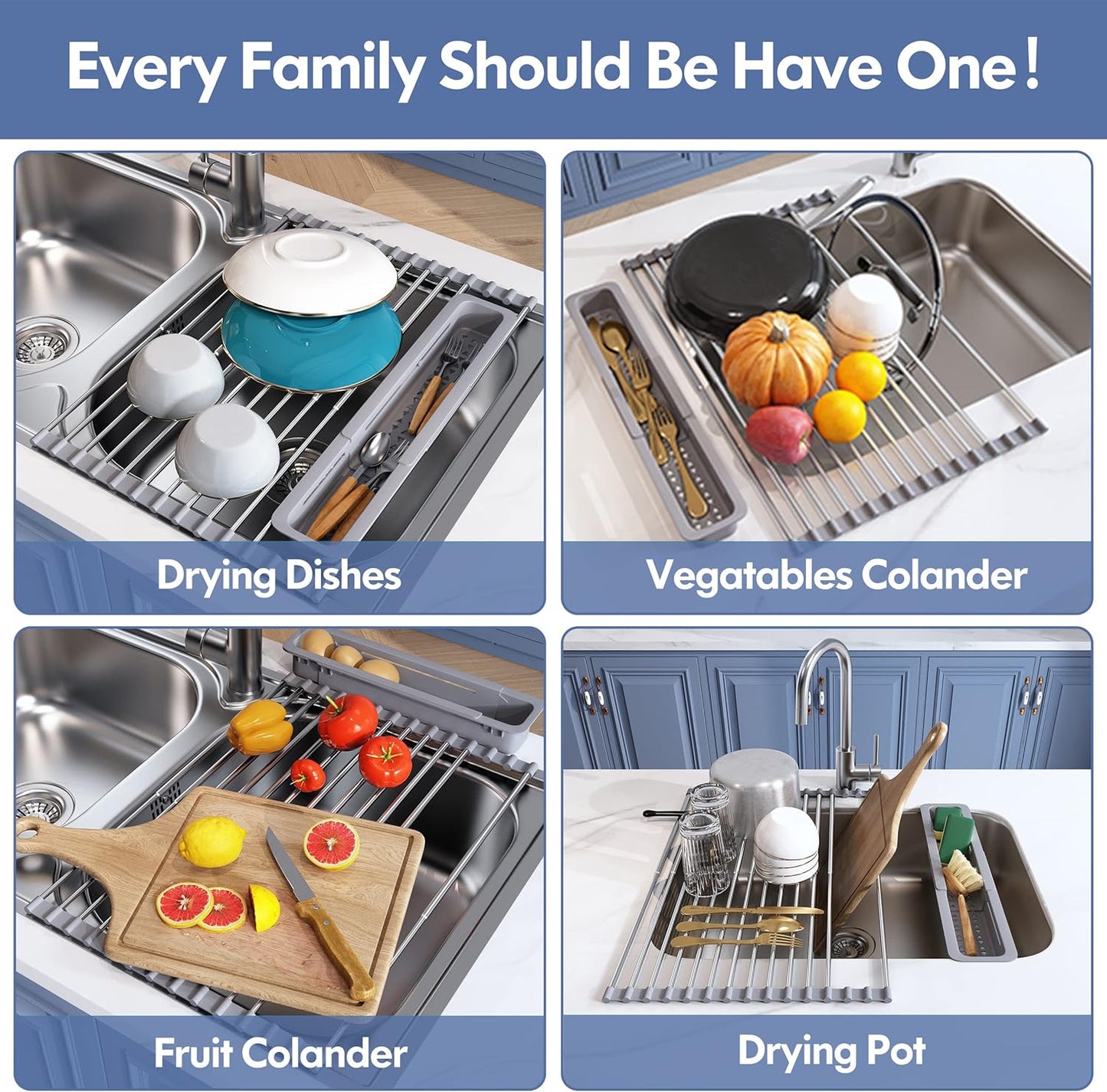 JASIWAY Over The Sink Dish Drying Rack for Kitchen, Expandable (12.8"-23.8" D x 15.5" W) Roll Up Dish Drainer with The Function of Fordable, Rust Proof, Large Sink Cover with Removable Utensil Holder