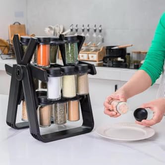 Rotating spice rack set designed to organize and store various spices. This spice rack appears to have a rotating carousel design, allowing easy access to different spices.