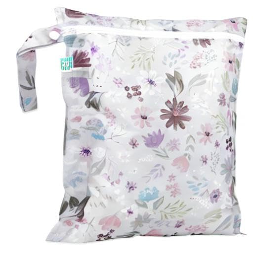 Bumkins Waterproof Wet Bag for Baby, Travel, Swim Suit, Cloth Diapers, Pump Parts, Pool, Beach, Gym Clothes, Toiletry, Hook to Stroller, Daycare, Zipper Reusable Wetdry Packing Pouch, Florals Gray