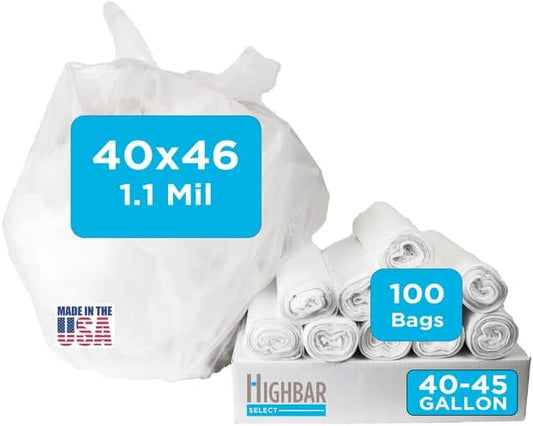 40-45 Gallon Trash Bags, 1.1 Mil Thickness, Clear Bags, 45 Gallon Trash Bags Heavy Duty, 40" x 46", 100 Count, Ideal for Janitorial, Industrial, Recycling